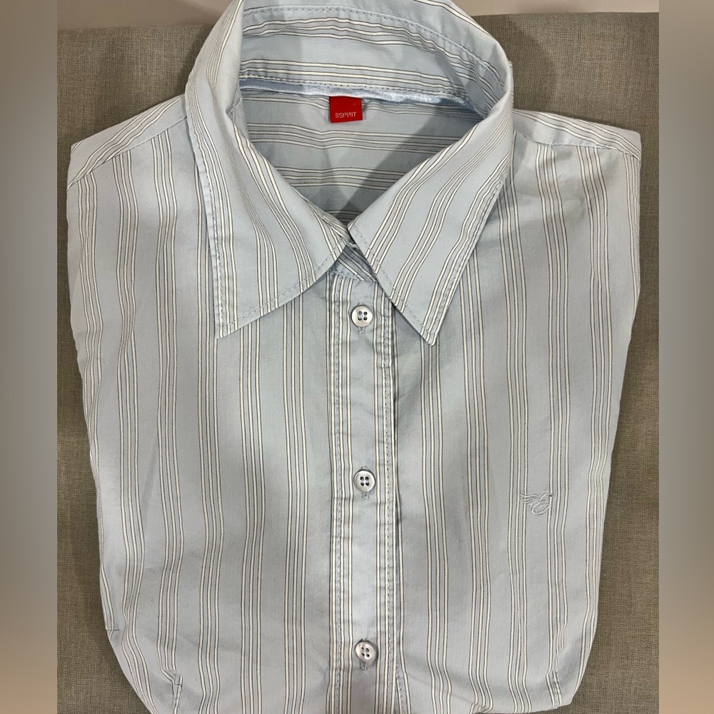 Esprit Blue Striped  Fitted Button Up Bodysuit Shirt with Notched Collar